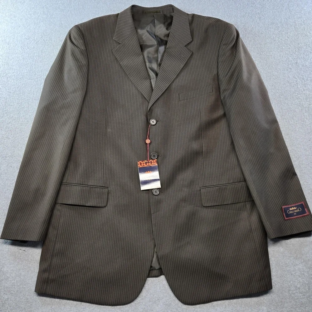 Carlo Lusso Suit Jacket Mens 48L Brown Striped Polyester Rayon 3 Button